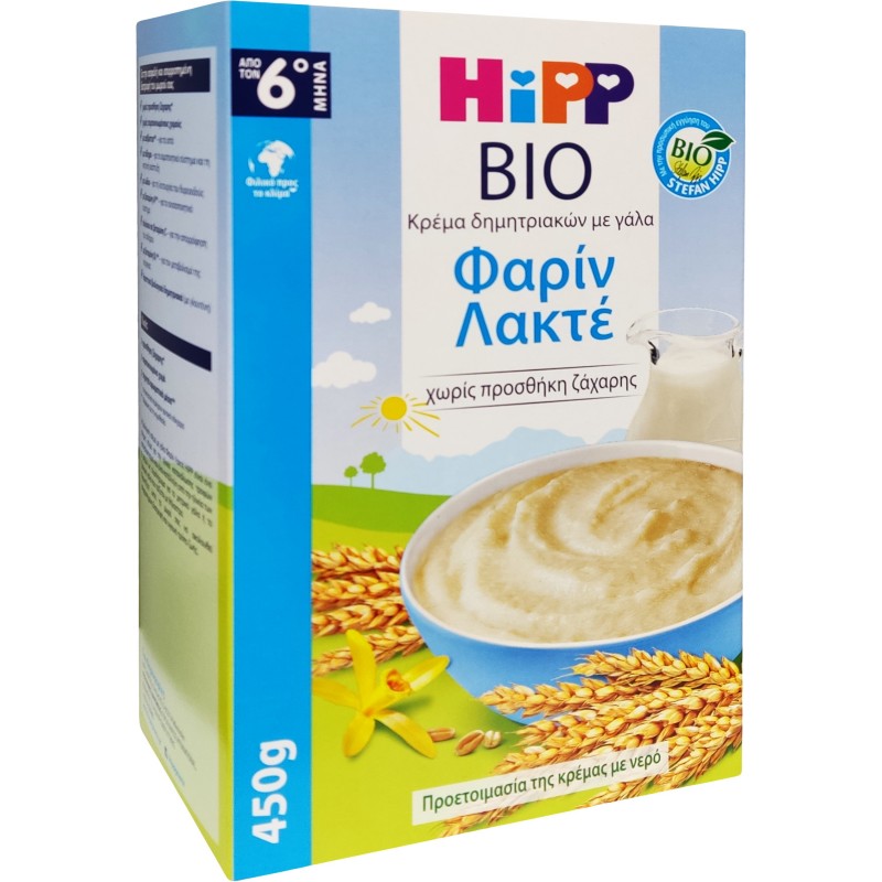 Hipp Bio Βρεφική Κρέμα Δημητριακών με Γάλα και Σιμιγδάλι Φαρίν Λακτέ, 450gr Hipp Bio Βρεφική Κρέμα Δημητριακών με Γάλα και Σιμιγδάλι Φαρίν Λακτέ, 450gr
