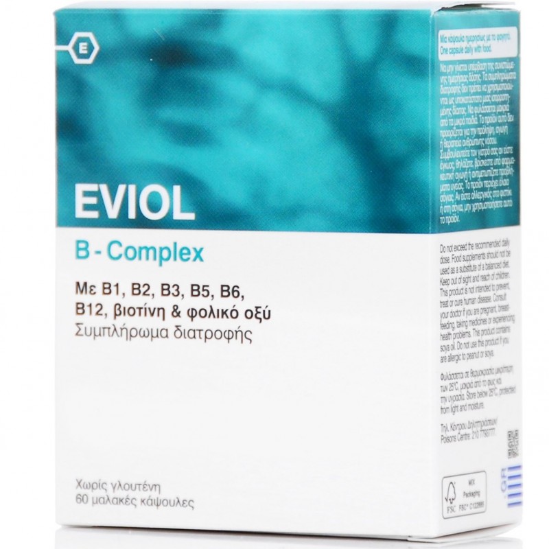 Eviol B-Complex Συμπλήρωμα Συμπλέγματος Βιταμίνης B για τη Φυσιολογική Λειτουργία του Νευρικού Συστήματος, 60 μαλακές κάψουλες Eviol B-Complex Συμπλήρωμα Συμπλέγματος Βιταμίνης B για τη Φυσιολογική Λειτουργία του Νευρικού Συστήματος, 60 μαλακές κάψουλες