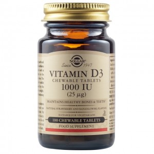 Solgar Vitamin D3 1000 IU / 25mcg (100 μασώμενα δισκία - Γεύση Φράουλα/Μπανάναι)