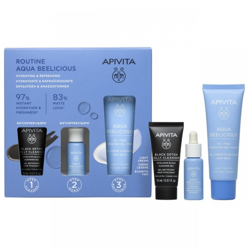 Apivita Aqua Beelicious Promo Pack — Set Ματ Ενυδάτωσης & Καθαρισμού (Oil-Free Gel-Cream 40ml + ΔΩΡΟ Black Detox Gel 15ml + ΔΩΡΟ Booster 10ml)