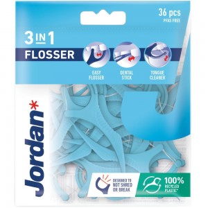 Jordan 3 in 1 Flosser (36 τμχ.) – Οδοντικό Νήμα με Λαβή 3 Δράσεων για Ολοκληρωμένο Καθαρισμό