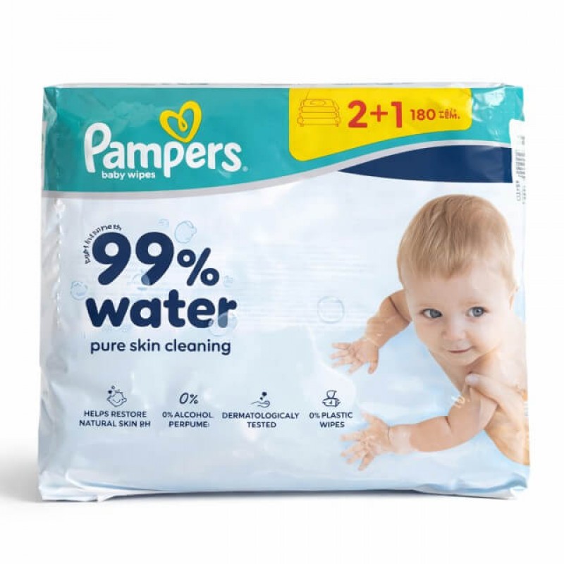 Pampers Wipes Aqua Pure 99% Water Μωρομάντηλα (3x60 τμχ - 2+1 Δώρο)