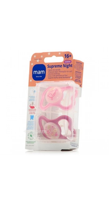 MAM Supreme Night Πιπίλα Σιλικόνης 16m+ — Ροζ & Άσπρο (2 τεμάχια)