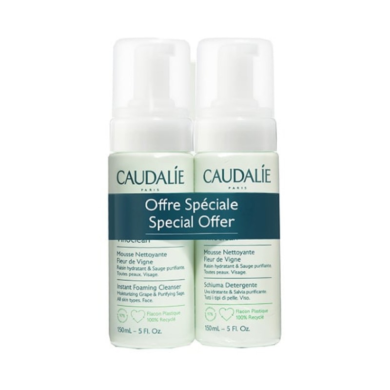 Caudalie Vinoclean Instant Foaming Cleanser Απαλός Αφρός Καθαρισμού Προσώπου, 2x150ml