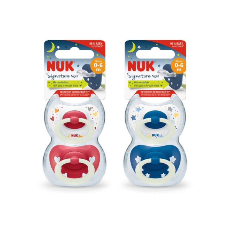 Nuk Signature Night Ορθοδοντικές Πιπίλες Σιλικόνης με θήκη 0-6m, 2τμχ