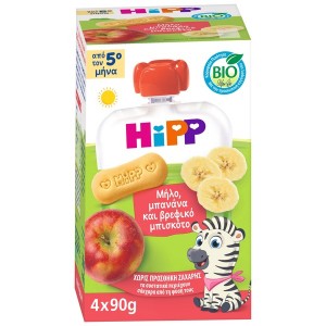 Hipp Bio Φρουτοπολτός Mήλο, Mπανάνα & Bρεφικό Mπισκότο, 4x90gr