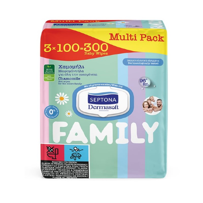 Septona Promo (2+1 Δώρο) Dermasoft Family Μωρομάντηλα για Όλη την Οικογένεια με Χαμομήλι, 3x100τμχ