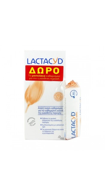 Lactacyd Intimate Washing Lotion Καθημερινή Προστασία & Φροντίδα για την Ευαίσθητη Περιοχή, 300ml & ΔΩΡΟ Υγρά Μαντηλάκια Καθαρισμού Ευαίσθητης Περιοχής, 15τμχ
