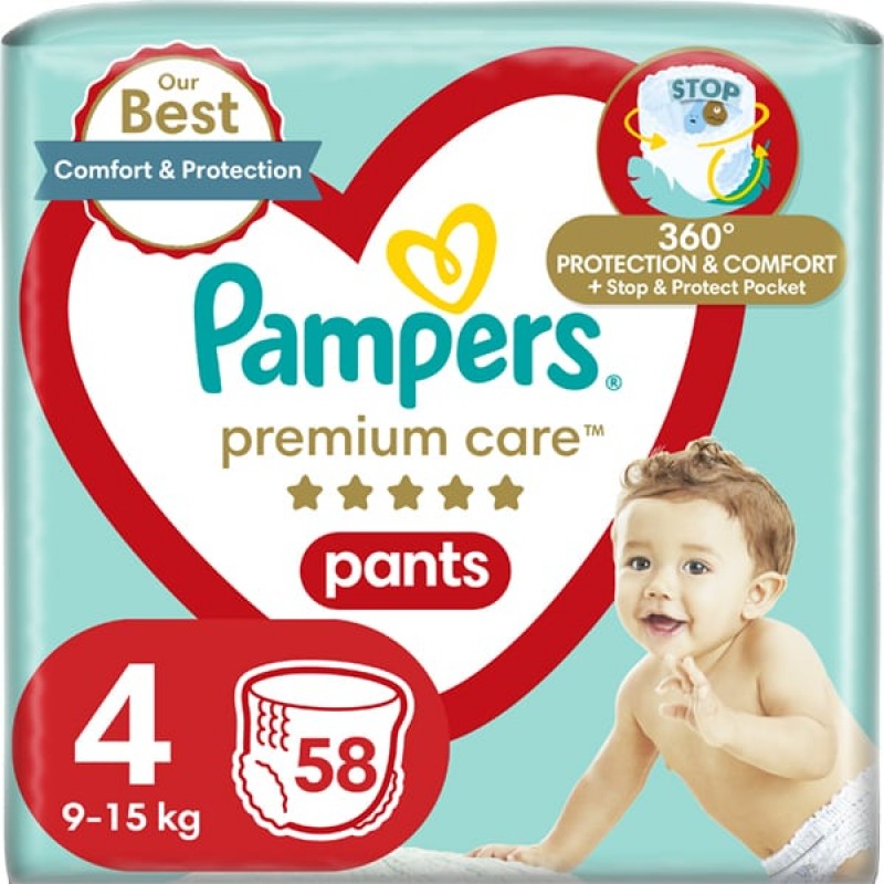 Pampers Premium Care Pants No.4 (9-15kg) Πάνες Βρακάκι, 58τμχ Pampers Premium Care Pants No.4 (9-15kg) Πάνες Βρακάκι, 58τμχ