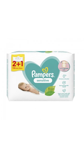 Pampers Sensitive Μωρομάντηλα Χωρίς Parabens, 156τμχ (3x52)