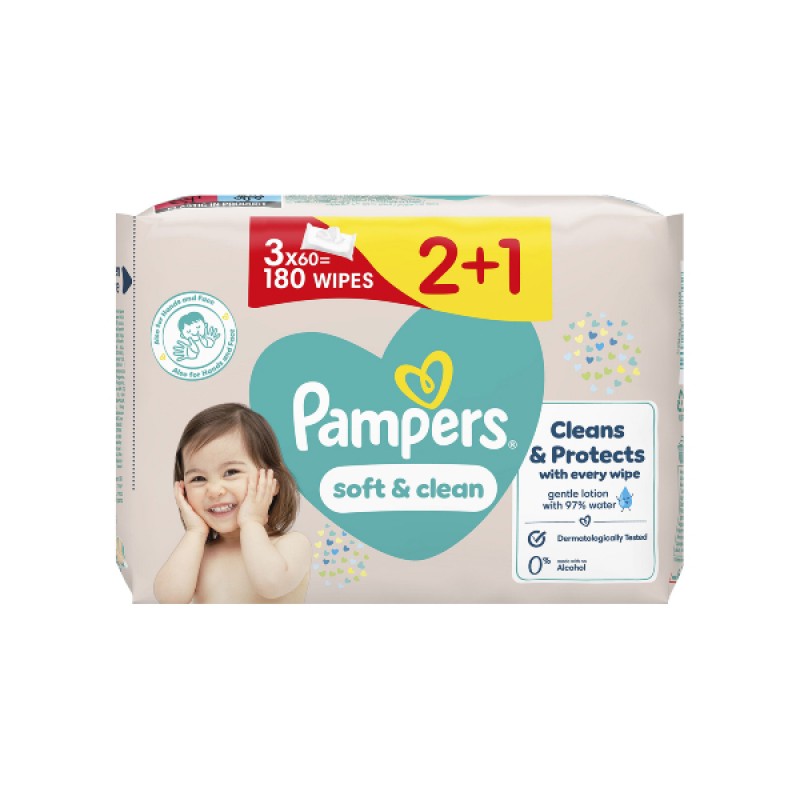 Pampers Wipes Soft & Clean, 3x60τμχ